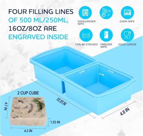 Silicone freezer molds, 2-cup Silicone Freezer Trays with Lid,Soup Freezer Container large Ice Cube Molds, Perfect for Storing Lasagna, Leftovers, Sauces, Portioned Meals and More dishwasher safe
