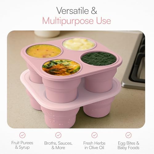 Silicone Freezer Tray with Lid - Stackable 2 oz Large Ice Cube Molds for Homemade Purees, Egg Bites, Broth Food Storage - Dishwasher Safe - Pink