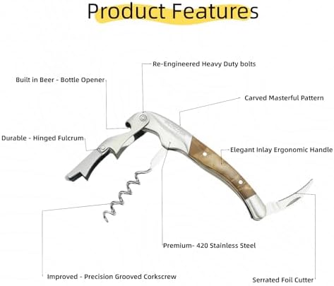 Wine Key & Corkscrew Wine Opener–3-in-1 with Foil Cutter and Bottle Opener, Professional Double Hinged Waiter's Corkscrew for Servers and Bartenders