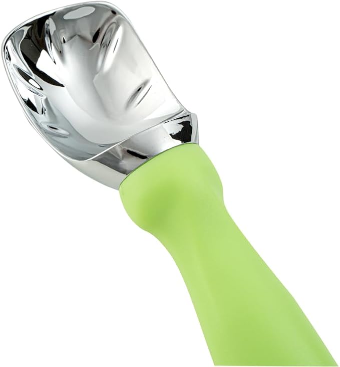 Restaurantware Comfy Grip 7.9 x 2 Inch Kitchen Ice Cream Scoop 1 Heavy-Duty Ice Cream Disher - Ergonomic PP Handle Dishwashable Green Metal Ice Cream Spade With Lid Opener Notch Multi-Use