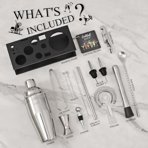 Bartender Kit Cocktail Shaker Set with Stand 17-Piece Bar Tool Bar Set for Drink Mixing Home Bartending Kit Bar Cart Accessories: Martini Shaker, Mixer Spoon, Jigger, Muddler, Strainer & Recipes Gifts