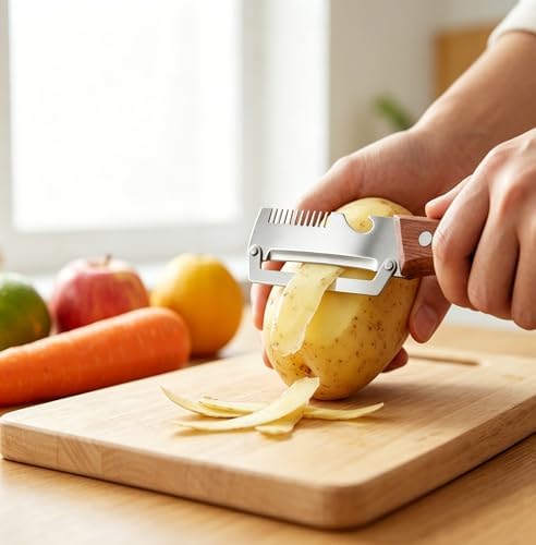 3-in-1 Vegetable Peeler Julienne Slicer with Bottle Opener, Stainless Steel Kitchen Tool with Natural Wood Handle for Fruit Vegetable Meal Prep (Brown and Wood)