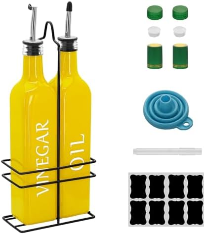 Farmhouse Oil and Vinegar Dispenser Set, 17 oz, beautiful olive oil dispenser, includes a black steel rack and a funnel, vintage cruets for vinegar and oil (Yellow)