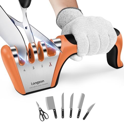 Longzon 5-in-1 Knife Sharpener 4 Stage and Cut-Resistant Glove,Black+Orange