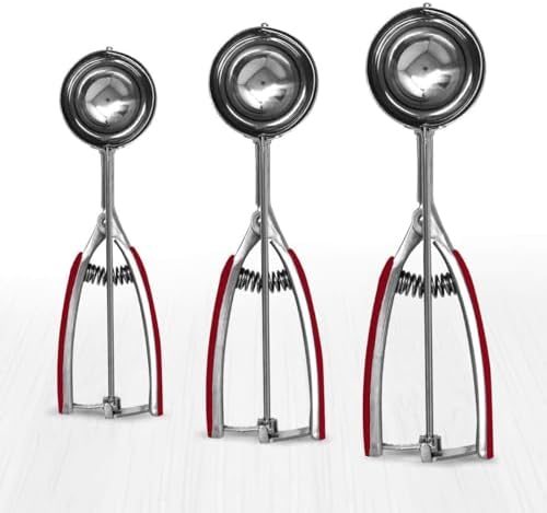 Millvado Stainless Steel Ice Cream and Cookie Millvado 3 Pack Stainless Steel Ice Cream and Cookie Scoops | With Red Rubber Grips – Spring Loaded Lever Design – For Sorbet, Melon, Meatballs, Muffins,
