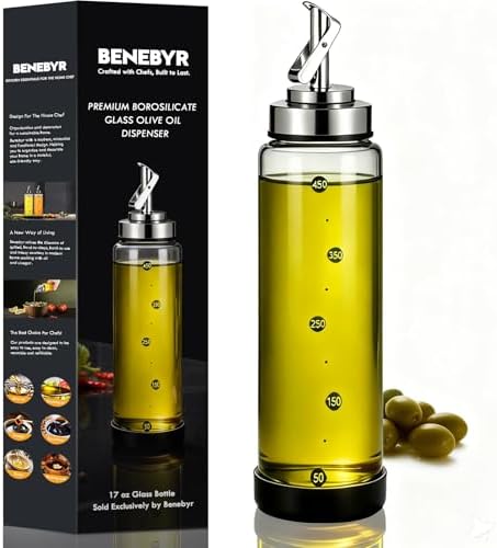 Glass Olive Oil Dispenser Bottle for Kitchen Shatterproof & Leakproof Cooking Oil Dispenser with Stainless Steel Spout & Rubber Bottom 17 oz Heat Resistant Olive Oil Bottle