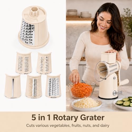 5 in 1 Rotary Cheese Grater with Hand Crank,Cheese Shredder (Beige)