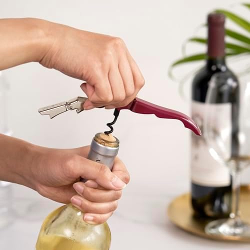 True Truetap Double Hinged Waiter's Corkscrew Wine Opener, Stainless Steel Wine Bottle Opener with Built In Foil Cutter, Home Bar Tools, Bar Cart Accessories, Wedding Gifts, Set of 1, Burgundy