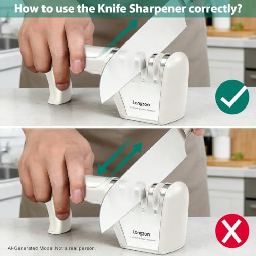 Longzon 5-in-1 Knife Sharpener 4 Stage with Cut-Resistant Glove, Off-white