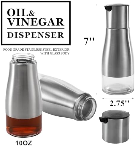 Tebery 2 Pack Silver Olive Oil and Vinegar Dispenser Set, 10OZ Oil Dispenser Cruet with Easy & Drip Free Pouring, Elegant Stainless Steel with Glass Bottom