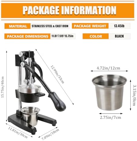Kitchen Cast Iron Juicer - Easy-to-Clean Heavy-Duty Manual Juicer, Professional Citrus Juicer - Stainless Steel Lemon Squeezer - Manual Citrus Press & Orange Squeezer - Orange Juicer (Black)