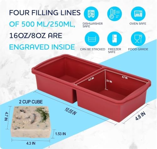 Silicone freezer molds, 2-cup Silicone Freezer Trays with Lid,Soup Freezer Container large Ice Cube Molds, Perfect for Storing Lasagna, Leftovers, Sauces, Portioned Meals and More dishwasher safe