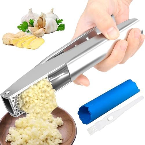 Garlic Press Crusher Stainless Steel Garlic Mincer Heavy Duty Ginger Masher Squeezer Manual,Garlic Smasher with Peeler and Cleaning Brush Set Dishwasher Safe Large No Peel Easy Clean Kitchen,Silver