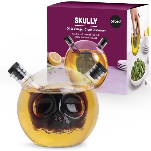 OTOTO 2-in-1 Glass Oil and Vinegar Cruet - Skull Oil Dispenser and Vinegar Bottle, Salad Dressing Dispenser, Bread Dipping, Spooky Kitchen Gifts, Unique Kitchen Gadgets (Skully-Olio)