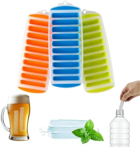 Lily's Home Silicone Narrow Ice Stick Cube Trays with Easy Push and Pop Out Material, Ideal for Sports and Water Bottles, Assorted Bright Colors (11.81" x 4.61" x 0.75", Set of 3)
