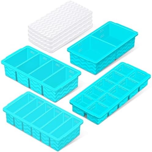 Silicone Freezer Trays with Lid (4-Pack), 1-Cup, 2-Cup, 1/2-Cup & 2-Tbsp Silicone Freezer Molds, Stackable Soup Freezer Meal Prep Containers,Ice Cube Tray for Making Sauce,Smoothies,Yogurt Bites
