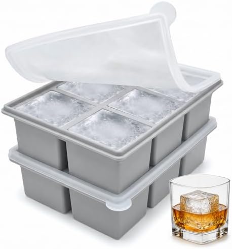 DOQAUS Silicone Ice Cube Tray, 2 Inch Large Square Ice Cube Mold with Lid, BPA Free Flexible Ice Tray for Whiskey, Cocktails, Freezer, Easy Release (2 Packs)