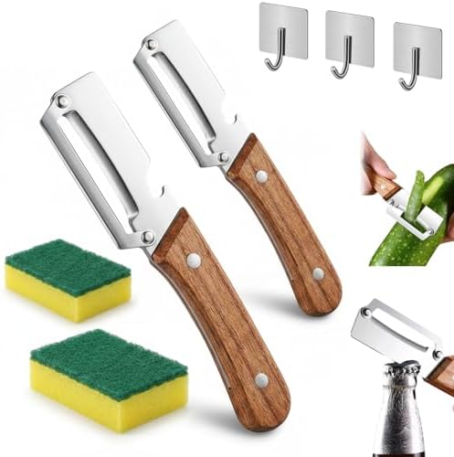 Zero Snag Wooden Peeler, Multi-Functional Vegetable Peeler for Kitchen with Bottle Opener Design, Premium Stainless Steel Blade Vegetable and Fruit Peeling Tool, Easy peeling & Reduces Waste (2PCS)