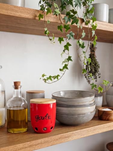 Ceramic Garlic Keeper for Counter with Wood Lid (Red)