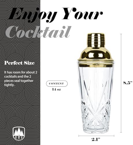 Glass Cocktail Shaker Set with Built-in Strainer - 14 ounces Martini & Margarita Mixer Bartender Tools for Whiskey, Beverages, Coffee, Durable Crystal clear Shaker Cup for Party, Home Bar & Gifts