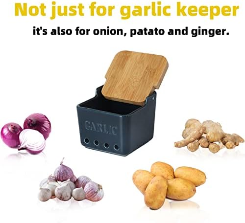 ONTUBE Garlic Keeper with Lid, Ceramic Garlic Holder Storage 4.7-Inch (Navy)