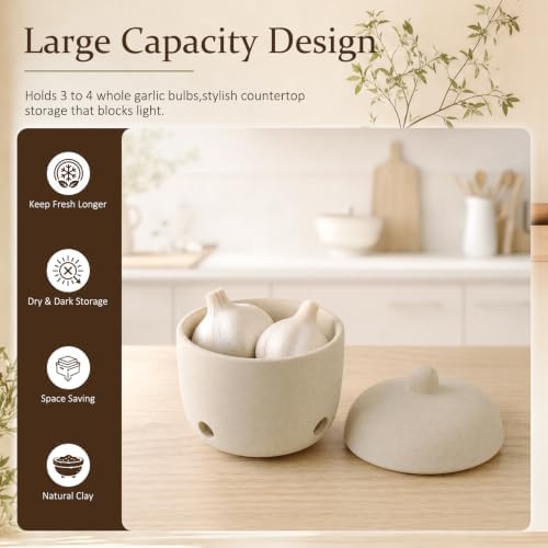 Garlic Keeper for Counter with Lid,4" Coarse Ceramic Garlic Holder