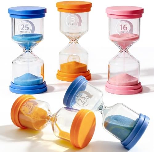 PROLOSO Sand Timers Set 4 Pcs Colorful Hourglass 3 Mins / 8 Mins / 16 Mins / 25 Mins Sandglass Glow in the Dark Sand Clock for Classroom Home Office