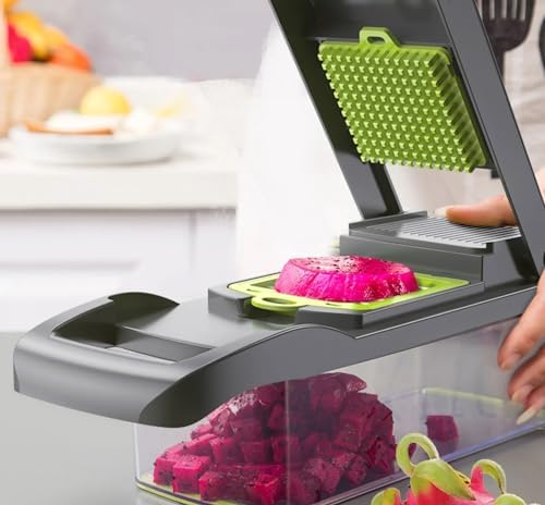 Multifunctional Vegetable Chopper with Container - Mandoline Slicer & Cheese Grater - Onion Chopper & Spiralizer - Kitchen Gadgets with 8 blades Veggie Cutter, Dicer, Mincer & Strainer