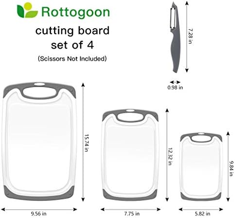 Cutting Boards for Kitchen, Plastic Chopping Board Set of 4 with Non-Slip Feet and Deep Drip Juice Groove, Easy Grip Handle, Dishwasher Safe, gray