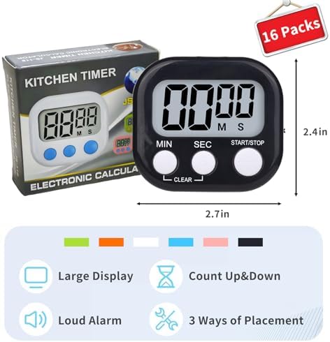 16 Packs Digital Timer Multi-Function Electronic Timers for Classroom Small Magnetic Countdown Stopwatch Mini Loud Alarm Stop Clock for Kitchen Cooking Games Meeting Study Work Baking Sports Office