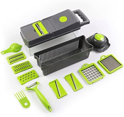 Vegetable Chopper 15-1 with Container - 8 Blades Dicer Chopper Cutter & Slicer - Draining Basket, Peeler, Egg separator, and Many More - Vegetable Chopper for Onions, Potatoes, Tomatoes