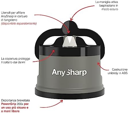 AnySharp Knife Sharpener, Hands-Free Safety, PowerGrip Suction, Safely Sharpens All Kitchen Knives, Ideal for Hardened Steel & Serrated, World's Best, Compact, One Size, Grey