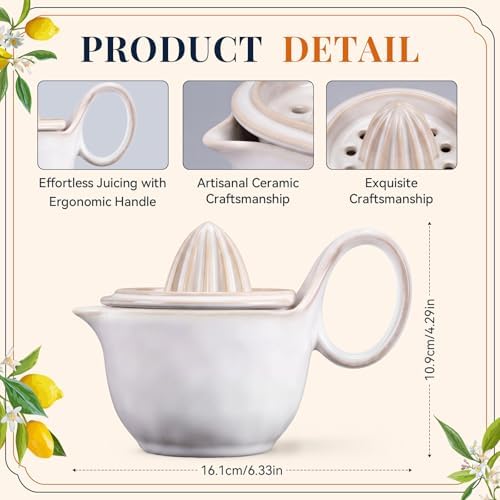 Sawysine Ceramic Lemon Squeezer Manual Citrus Juicer with Strainer Hand Press Lime Orange Reamer with 8.45 oz Cup Strainer Lid Spout Handle for Citrus Fruits Home Kitchen Bar(Stylish,White)
