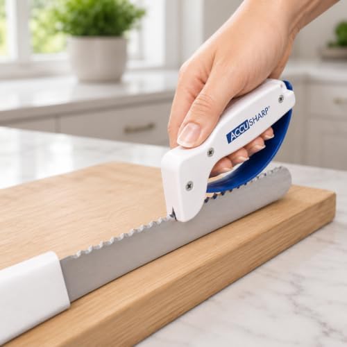AccuSharp Knife Sharpener, Ergonomic Comfortable Handle, Compact & Easy to Use, Restore and Hone Straight & Serrated Knives, White