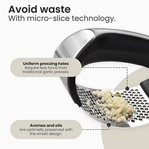 Cuisinly Garlic Press - Stainless Steel Rocker Chopper & Crusher - Free Silicone Garlic Peeler & Cleaning Brush