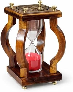 Vintage Wooden Hourglass Sand Timer with Red Sand and Brass Chessboard Top Solid Wood Frame & Brass Accents – Elegant Desk Decor for Home Office Study Living Room 6.5 inches (Design 3)