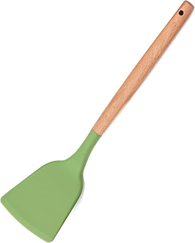 1pcs Avocado Green Silicone Cooking Utensils Heat Resistant Solid Turner,Wooden Handle, Non Stick Kitchen Spatulas for Fish Eggs Pancakes
