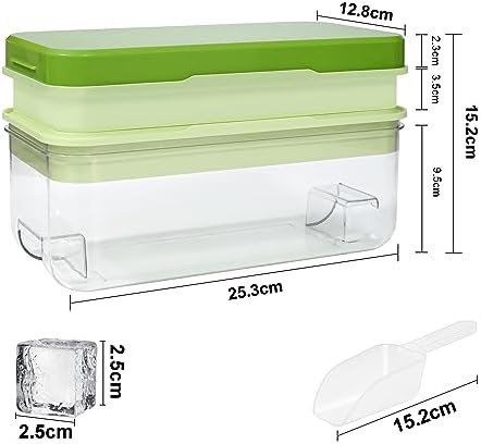 Ice Trays for Freezer with Lid & Bin, Ice Cube Tray Making 64 pcs Ice Cubes, Easy Press to Release Ice, Ice Tray with Storage Bin Chilling Cocktail Whiskey Coffee 2 Trays 1 Ice Bucket & Scoop (Green)