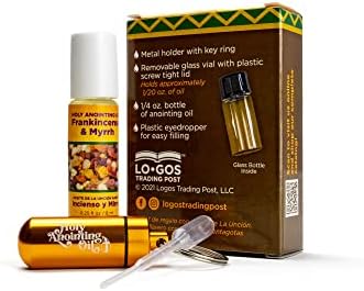 Frankincense & Myrrh Anointing Oil from Israel Boxed Gift Set with Dispenser, Holy Jerusalem Oil & Gold Metal Keychain Bottle Container, Plastic Dropper & Small Glass Vial, Aceite Ungido y Botella
