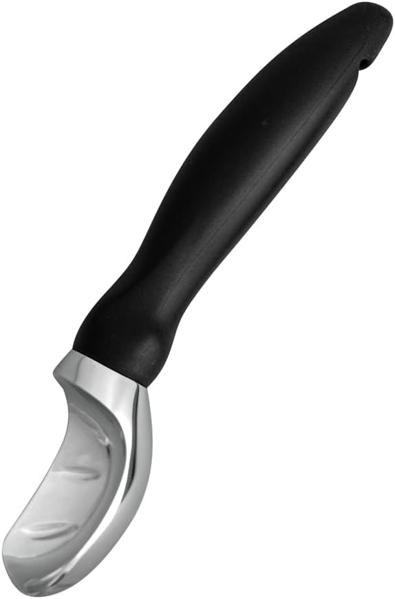 Restaurantware Comfy Grip 7.9 x 2 Inch Kitchen Ice Cream Scoop 1 Heavy-Duty Ice Cream Disher - Ergonomic PP Handle Dishwashable Black Metal Ice Cream Spade With Lid Opener Notch Multi-Use
