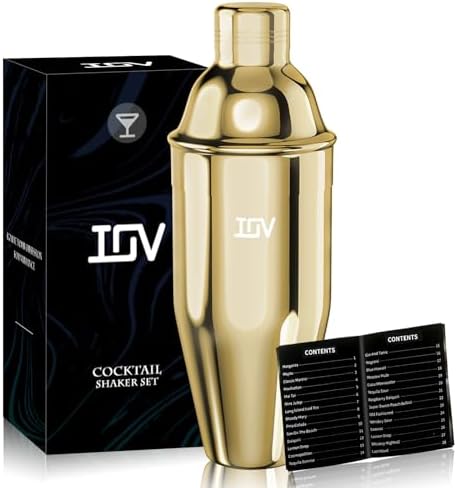 IOV Cocktail Shaker, 24 oz Martini Shaker, Drink Mixer with Built-in Strainer, Professional Stainless Steel Margarita Alcohol Shaker with Cocktail Recipe Guide, Bartender Kit Gifts, Gold
