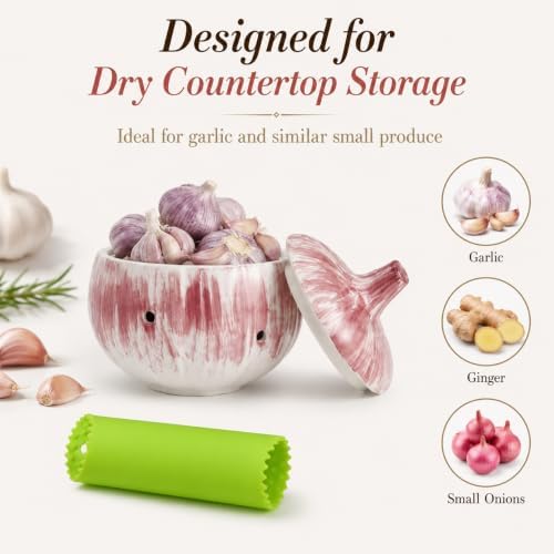 1 Set Garlic Keeper for Counter with Lid, 5.12 x 5.51 in Ceramic Storage Jar with Vent Holes, Includes Silicone Peeler Tube, Compact Kitchen Container for Bulbs, Pantry and Daily Home Cooking