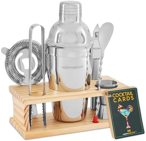 Modern Mixology Cocktail Shaker Set - Bartender Kit with Pine Stand | Leak-Proof Design | Includes Martini Shaker, Jigger, Strainer, Spoon, Tongs | Perfect Bar Tools Gift for Home Mixology (Silver)