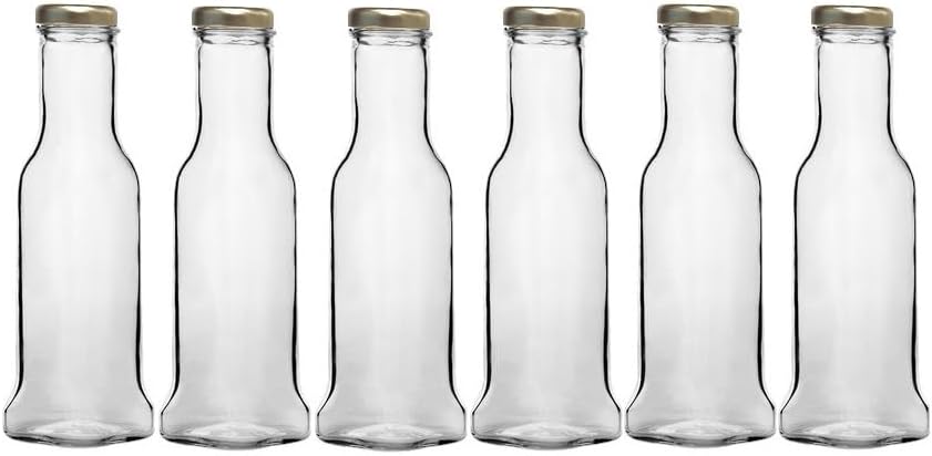 Nakpunar 6 pcs 11 oz 330 ml Wide Mouth Empty Glass Bottles with Gold Plastisol Lined Lids - Square bottom, straight side top - for Oil, Sauces, Milk, Water, Beverages