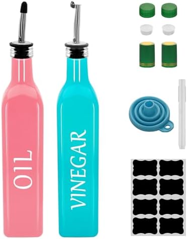 Olive Oil Dispenser Bottle,2 Pcs 17oz 500ml Glass O il and Vinegar Dispenser Set with 2 Stainless Steel Pourers, 8 Labels,Funnel Vinegar Bottles for Kitchen (Pink Oil & Turquoise Vinegar)