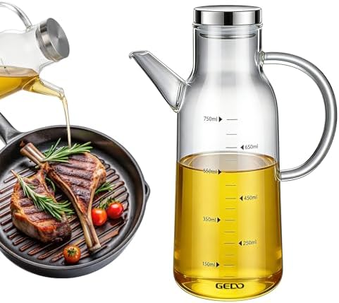 GEDO Borosilicate Glass Oil Dispenser, Eagle Beak Drip-Free Spout with Airtight Stainless Steel Lid, Measurement Markings & Ergonomic Handle, Multi-Purpose for Kitchen & Outdoor Picnic (0.79QT/750ml)