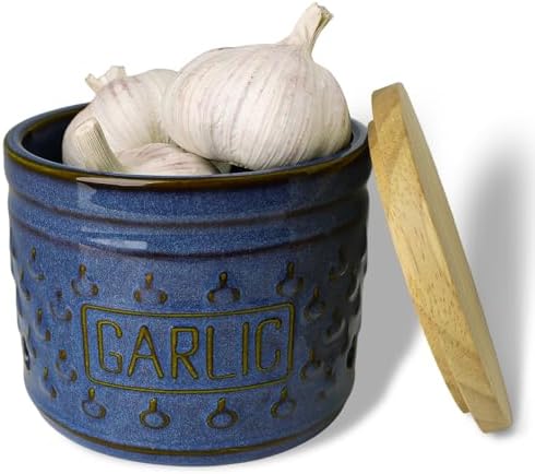 GDCZ Garlic Keeper with Lid, Ceramic Garlic Holder, 4.3 Inch (Blue)