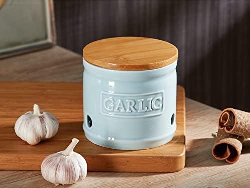 ONEMORE Garlic Keeper with Lid, Ceramic Garlic Saver 4 inch, Light Blue
