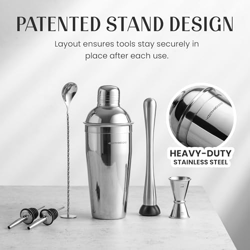 Modern Mixology 8-Piece Cocktail Shaker Set with Velvet Bag | Complete Kit for Bartenders | Includes Shaker with Strainer, Jigger, Muddler, Spoon, Pourers | Travel Bar Essentials (Silver)