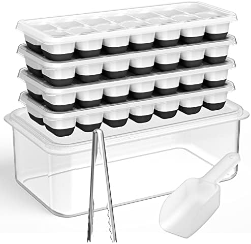 DOQAUS Ice Cube Tray with Lid and Bin, 4 Pack Silicone Plastic Iced Cubes Trays for Freezer with Box/Container, Stackable with Storage Ices Bucket, Tong, Scoop, for Baby Food, Cocktail, Coffee
